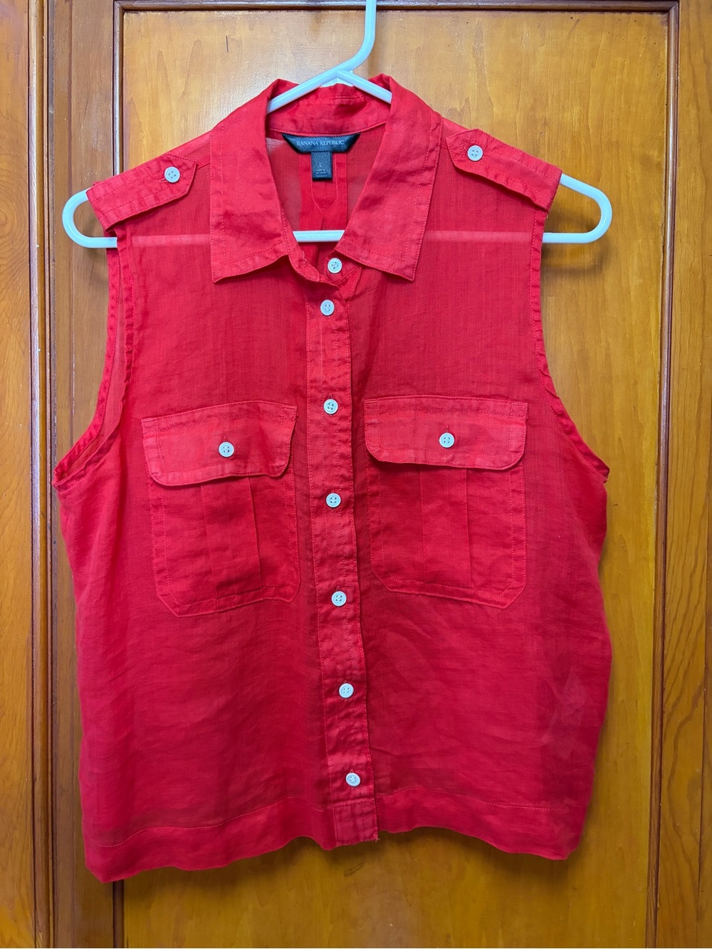 Banana Republic Sheer-ish Sleeveless Button-Down Shirt in Red